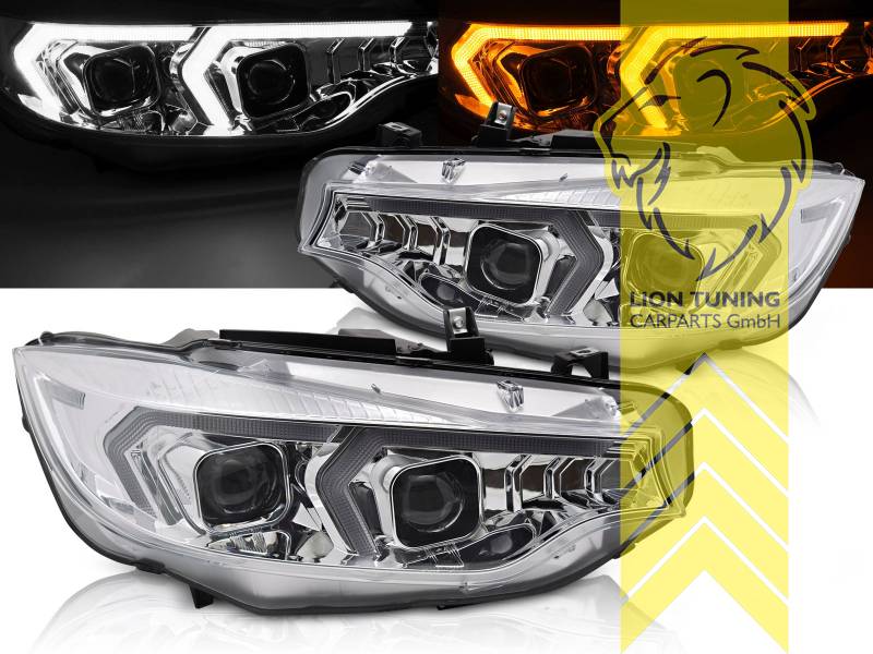 LED, mit LED Blinker, chrom, nur passend für Fahrzeuge mit original Halogen Scheinwerfern, LED Abblendlicht / LED Fernlicht, elektrisch verstellbar - Stellmotor integriert, Eintragungsfrei / mit E-Prüfzeichen, Eintragungsfrei / mit R87 Zulassung als Tagfahrlicht